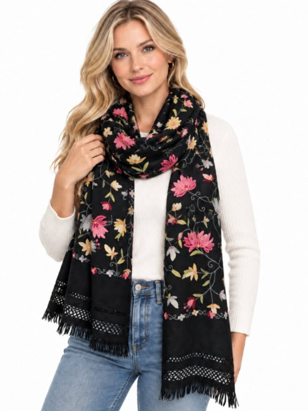 Black Merino Wool Floral Embroidered Shawl Scarf Fringe 72x27 Chic Quiet Luxury